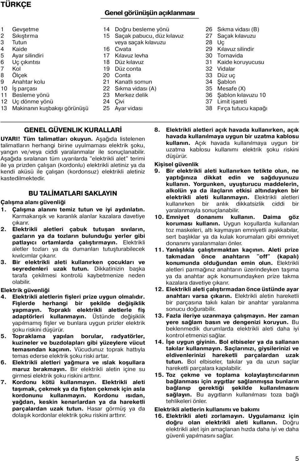 vidası (B) 7 Saçak kılavuzu Uç 9 Kılavuz silindir 30Tornavida 31 Kaide koruyucusu 3 Vidalar 33 Düz uç 3 Şablon 3 Mesafe (X) 3 Şablon kılavuzu 37 Limit işareti 3 Fırça tutucu kapağı GENEL GÜVENLIK