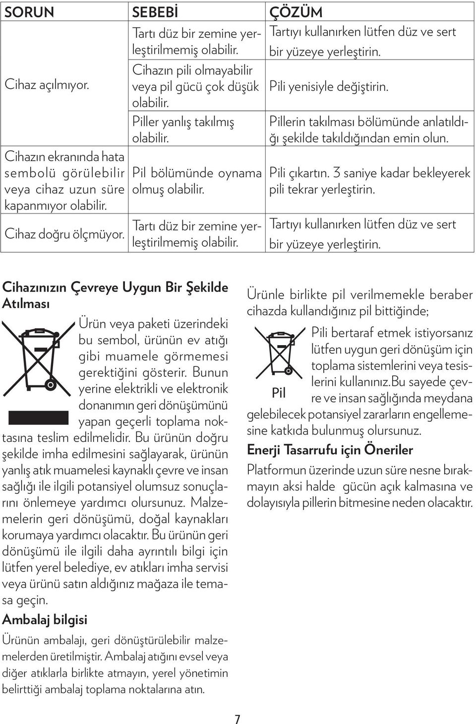 Tartıyı kullanırken lütfen düz ve sert bir yüzeye yerleştirin. Pili yenisiyle değiştirin. Pillerin takılması bölümünde anlatıldığı şekilde takıldığından emin olun. Pili çıkartın.