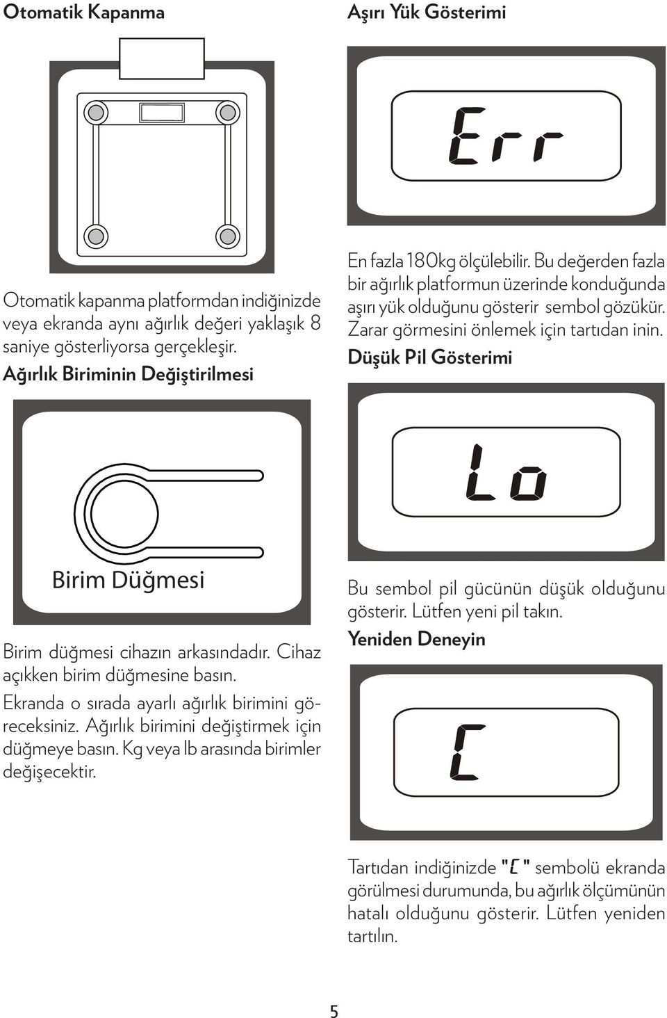 Zarar görmesini önlemek için tartıdan inin. Düşük Pil Gösterimi Birim Düğmesi Birim düğmesi cihazın arkasındadır. Cihaz açıkken birim düğmesine basın.