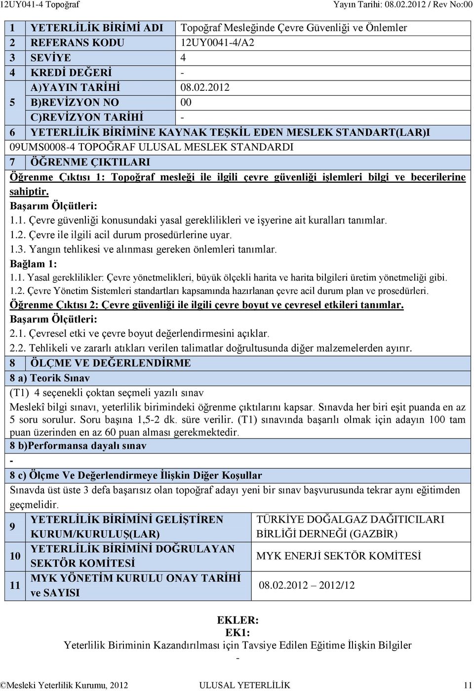 mesleği ile ilgili çevre güvenliği işlemleri bilgi ve becerilerine sahiptir. Başarım Ölçütleri: 1.1. Çevre güvenliği konusundaki yasal gereklilikleri ve işyerine ait kuralları tanımlar. 1.2.