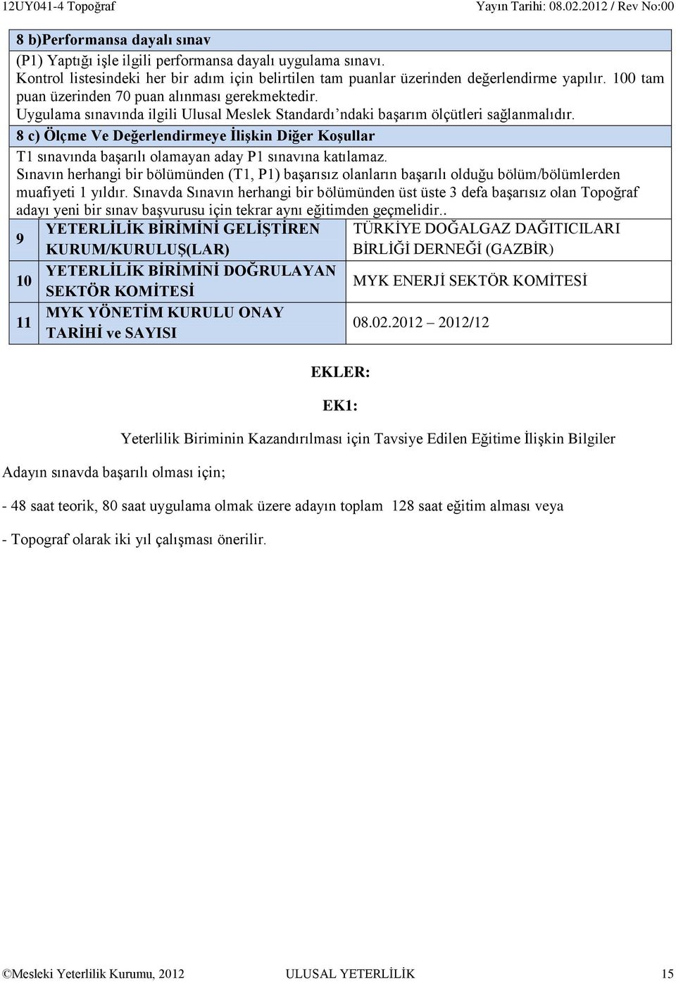 8 c) Ölçme Ve Değerlendirmeye İlişkin Diğer Koşullar T1 sınavında başarılı olamayan aday P1 sınavına katılamaz.