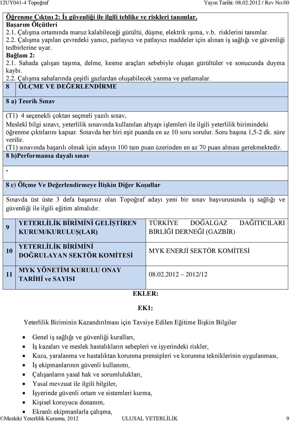 8 ÖLÇME VE DEĞERLENDİRME 8 a) Teorik Sınav (T1) 4 seçenekli çoktan seçmeli yazılı sınav, Meslekî bilgi sınavı, yeterlilik sınavında kullanılan altyapı işlemleri ile ilgili yeterlilik birimindeki