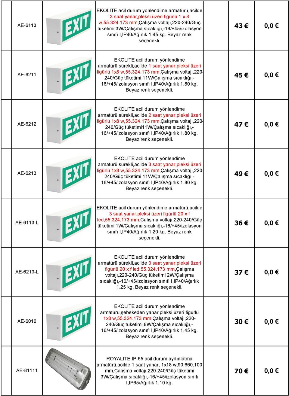 Beyaz renk 43 0,0 AE-6211 EKOLITE acil durum yönlendime armatürü,sürekli,acilde 1 saat yanar,pleksi üzeri figürlü 1x8 w,55.324.