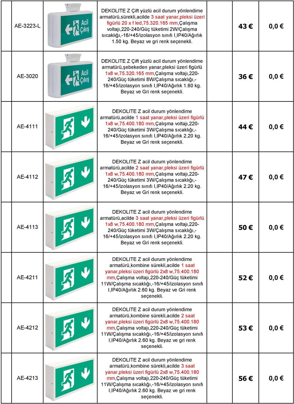 60 kg. 36 0,0 AE-4111 armatürü,acilde 1 saat yanar,pleksi üzeri figürlü 1x8 w,75.400.180 mm,çalışma voltajı,220-16/+45/izolasyon sınıfı I,IP40/Ağırlık 2.20 kg.