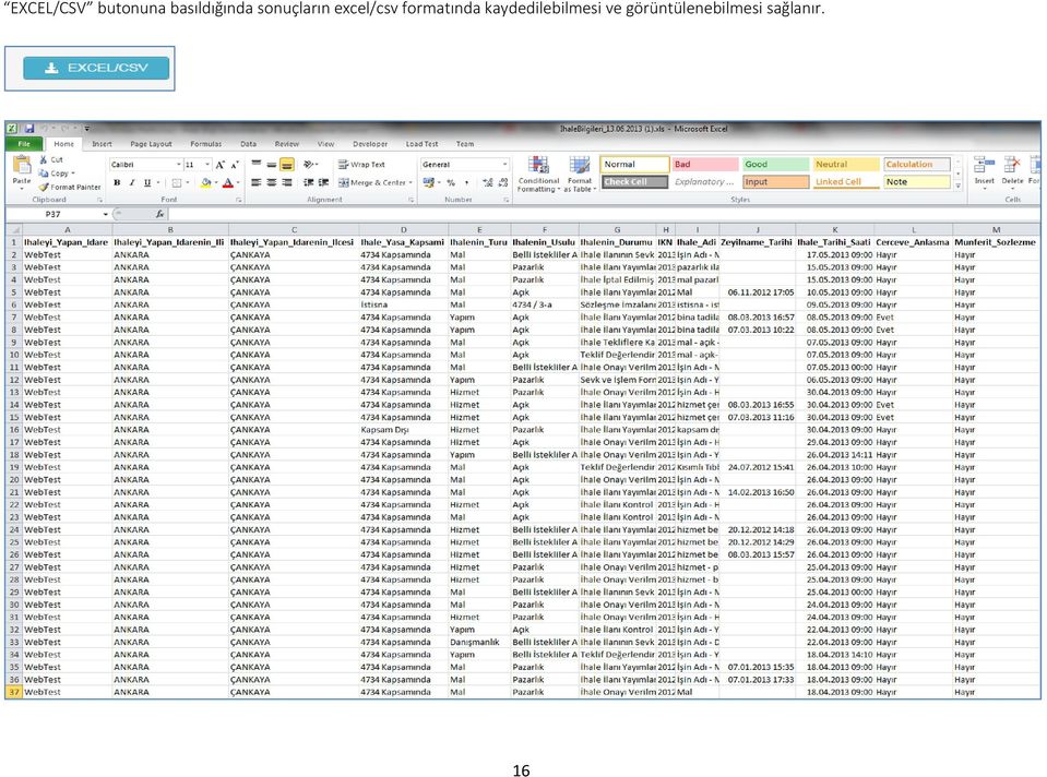 excel/csv formatında