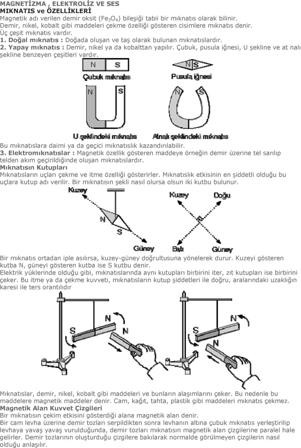 Yapay mıknatıs : Demir, nikel ya da kobalttan yapılır. Çubuk, pusula iğnesi, U şekline ve at nalı şekline benzeyen çeşitleri vardır. Bu mıknatıslara daimi ya da geçici mıknatıslık kazandırılabilir. 3.