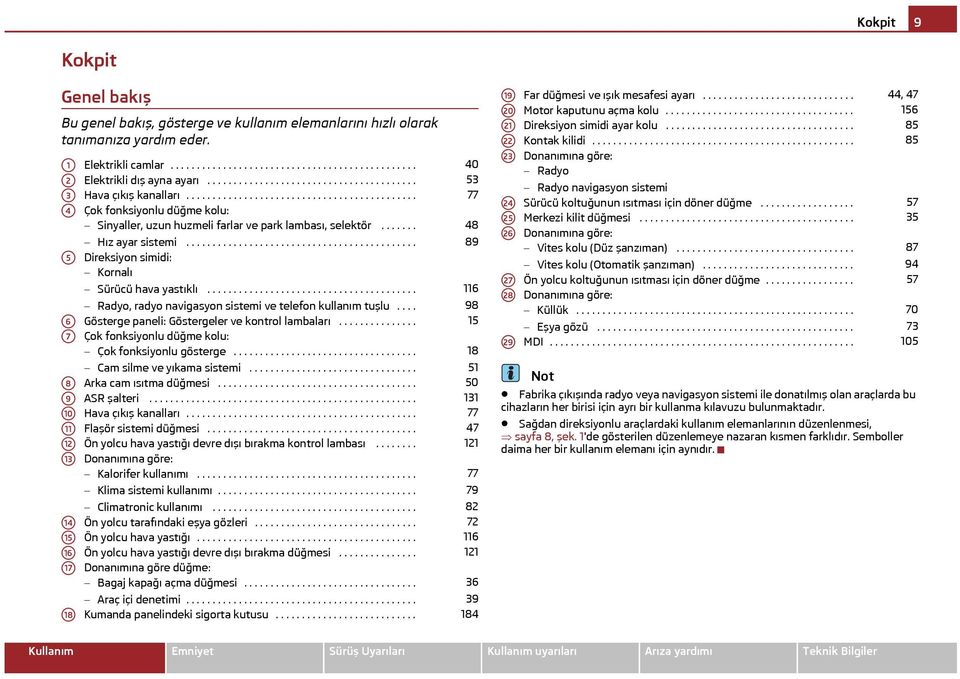 ........................................... Çok fonksiyonlu düğme kolu: Sinyaller, uzun huzmeli farlar ve park lambası, selektör....... Hız ayar sistemi.