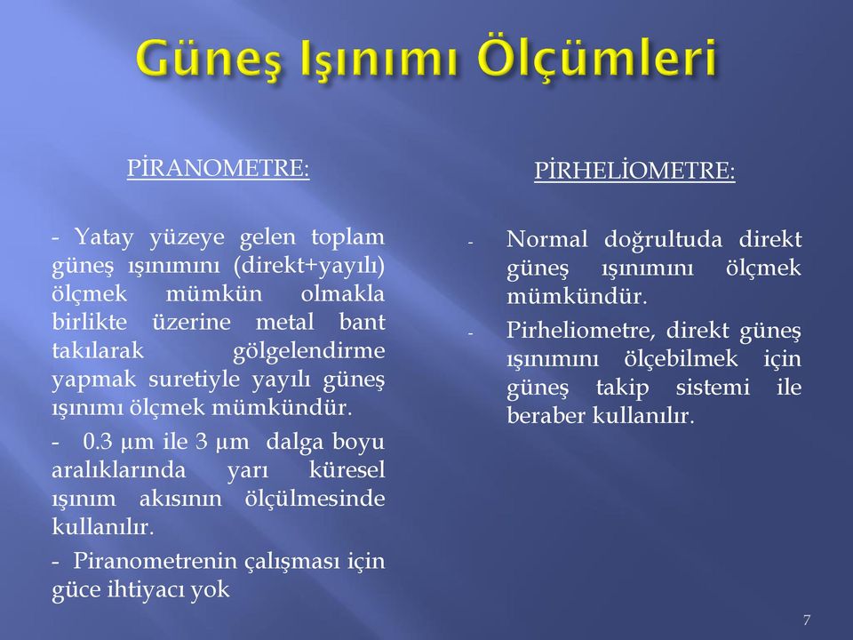 3 µm ile 3 µm dalga boyu aralıklarında yarı küresel ışınım akısının ölçülmesinde kullanılır.