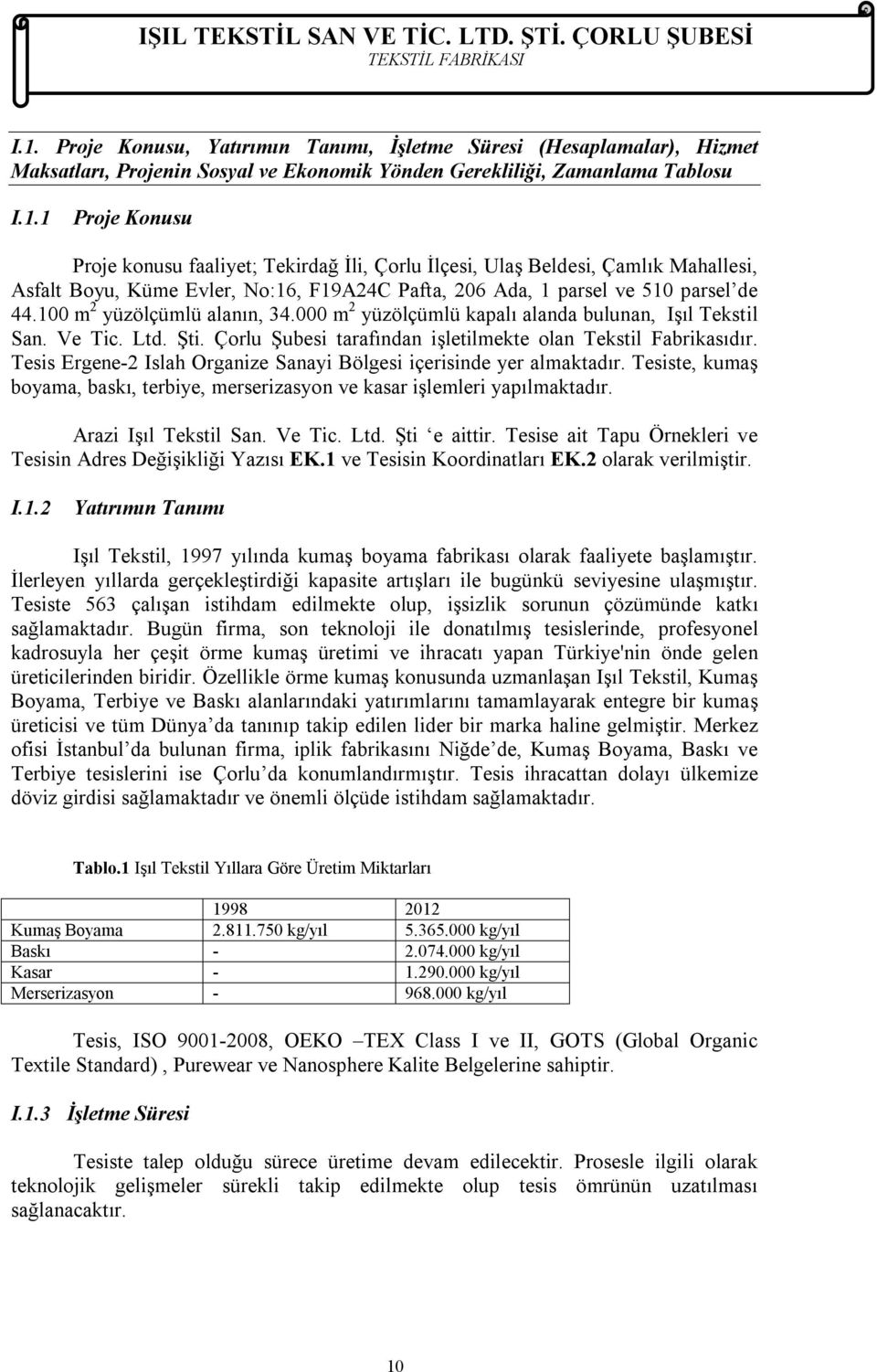 Tesis Ergene-2 Islah Organize Sanayi Bölgesi içerisinde yer almaktadır. Tesiste, kumaş boyama, baskı, terbiye, merserizasyon ve kasar işlemleri yapılmaktadır. Arazi Işıl Tekstil San. Ve Tic. Ltd.