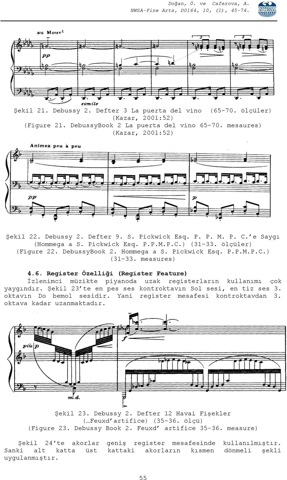 Register Özelliği (Register Feature) İzlenimci müzikte piyanoda uzak registerların kullanımı çok yaygındır. Şekil 23 te en pes ses kontroktavın Sol sesi, en tiz ses 3. oktavın Do bemol sesidir.