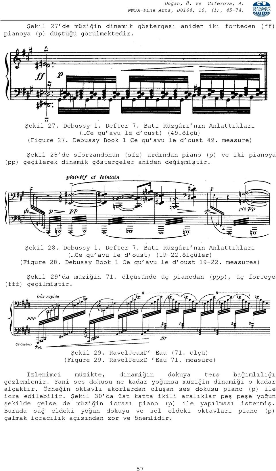 Defter 7. Batı Rüzgârı nın Anlattıkları ( Ce qu avu le d oust) (19-22.ölçüler) (Figure 28. Debussy Book 1 Ce qu avu le d oust 19-22. measures) Şekil 29 da müziğin 71.