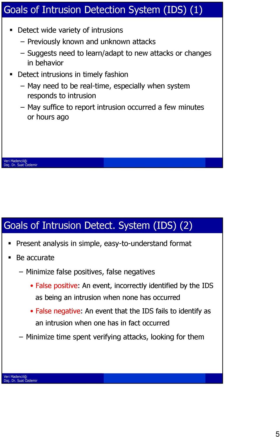 System (IDS) (2) Present analysis in simple, easy-to-understand format Be accurate Minimize false positives, false negatives False positive: An event, incorrectly identified by the IDS as being
