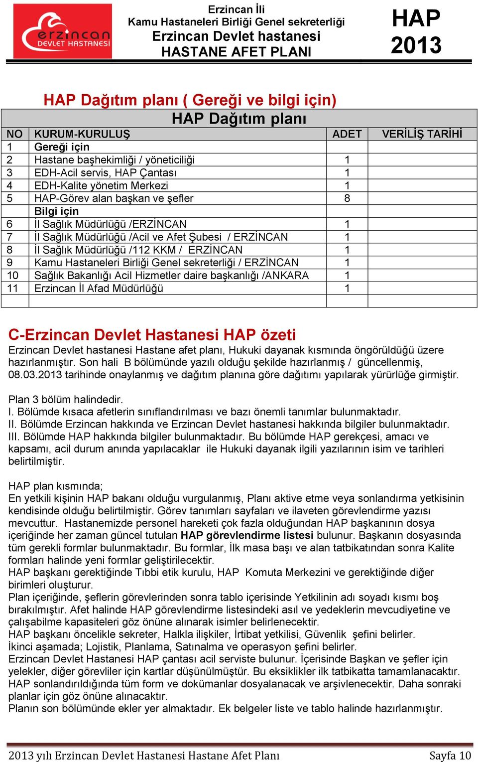 ERZİNCAN 1 10 Sağlık Bakanlığı Acil Hizmetler daire başkanlığı /ANKARA 1 11 Erzincan İl Afad Müdürlüğü 1 C-Erzincan Devlet Hastanesi özeti Hastane afet planı, Hukuki dayanak kısmında öngörüldüğü