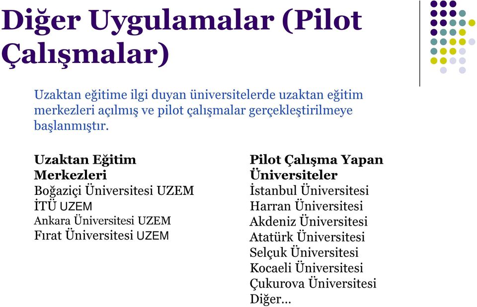 Uzaktan Eğitim Merkezleri Boğaziçi Üniversitesi UZEM İTÜ UZEM Ankara Üniversitesi UZEM Fırat Üniversitesi UZEM