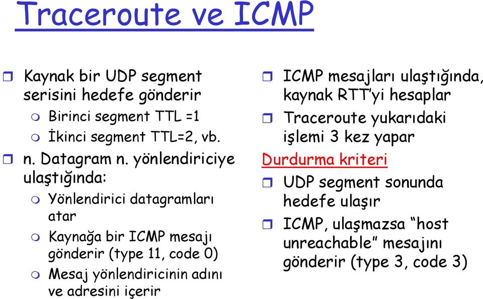 yönlendiriciye ulaştığında: Yönlendirici datagramları atar Kaynağa bir ICMP mesajı gönderir (type 11, code 0) Mesaj