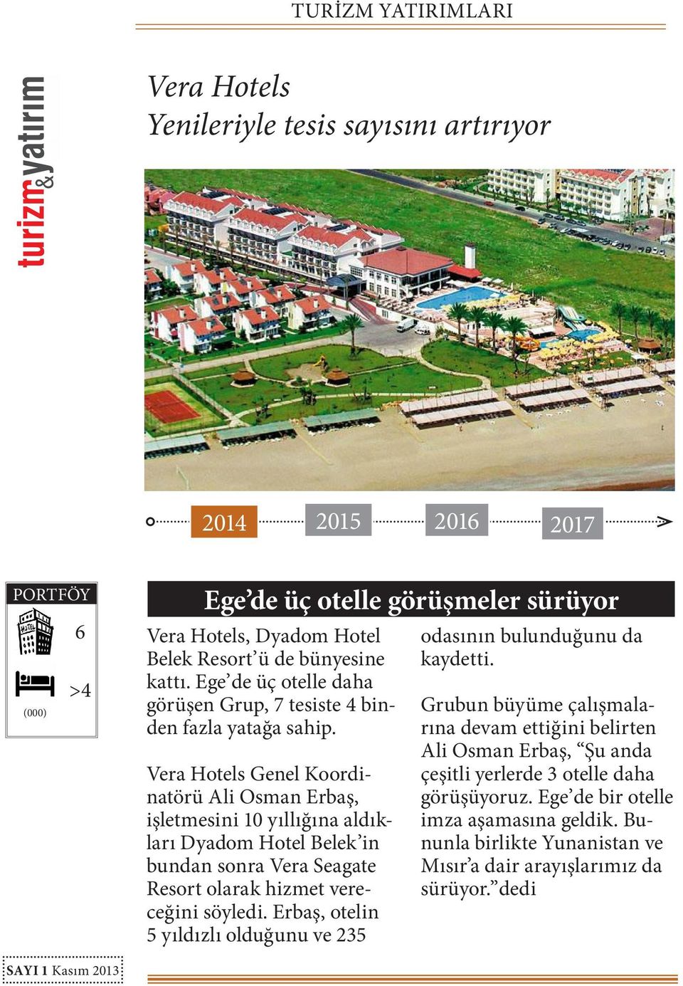 Vera Hotels Genel Koordinatörü Ali Osman Erbaş, işletmesini 10 yıllığına aldıkları Dyadom Hotel Belek in bundan sonra Vera Seagate Resort olarak hizmet vereceğini söyledi.