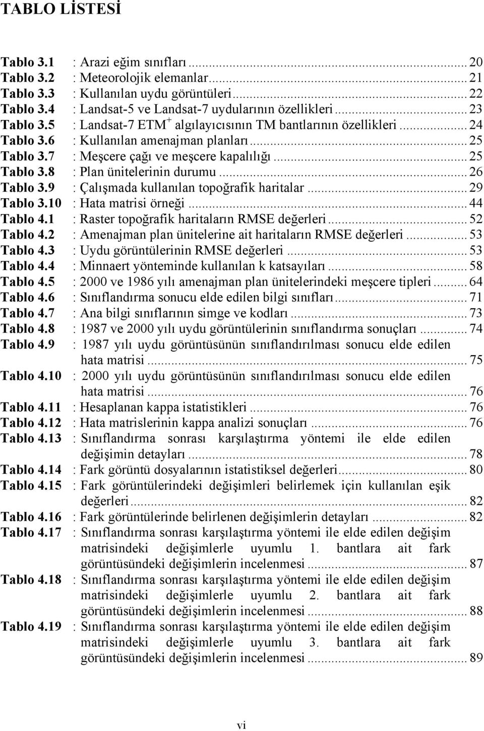 .. 26 Tablo 3.9 : Çalışmada kullanılan topoğrafik haritalar... 29 Tablo 3.10 : Hata matrisi örneği... 44 Tablo 4.1 : Raster topoğrafik haritaların RMSE değerleri... 52 Tablo 4.