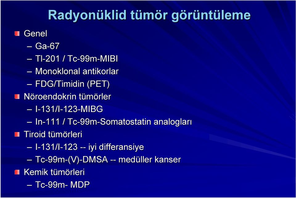 In-111 / Tc-99m 99m-Somatostatin analogları Tiroid tümörleri I-131/I-123 123 --