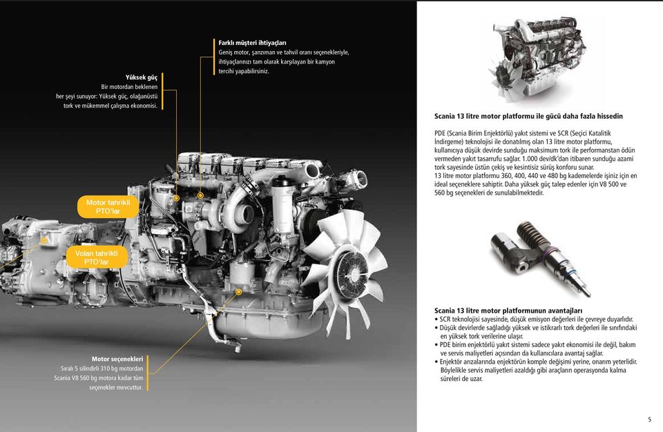 Scania 13 litre motor platformu ile gücü daha fazla hissedin PDE (Scania Birim Enjektörlü) yakıt sistemi ve SCR (Seçici Katalitik İndirgeme) teknolojisi ile donatılmış olan 13 litre motor platformu,