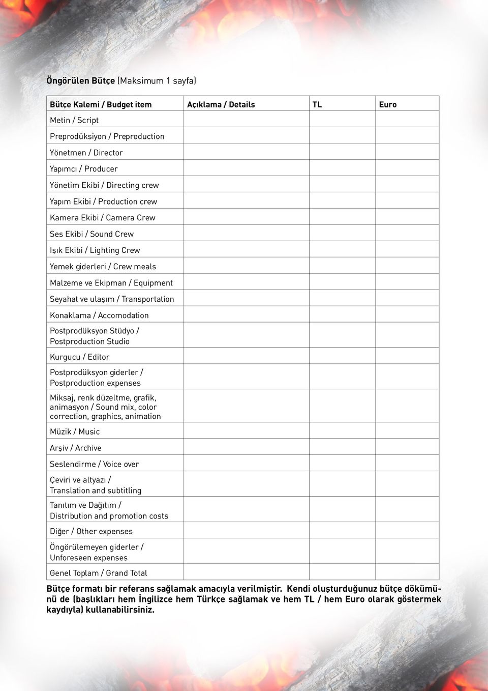 Transportation Konaklama / Accomodation Postprodüksyon Stüdyo / Postproduction Studio Kurgucu / Editor Postprodüksyon giderler / Postproduction expenses Miksaj, renk düzeltme, grafik, animasyon /