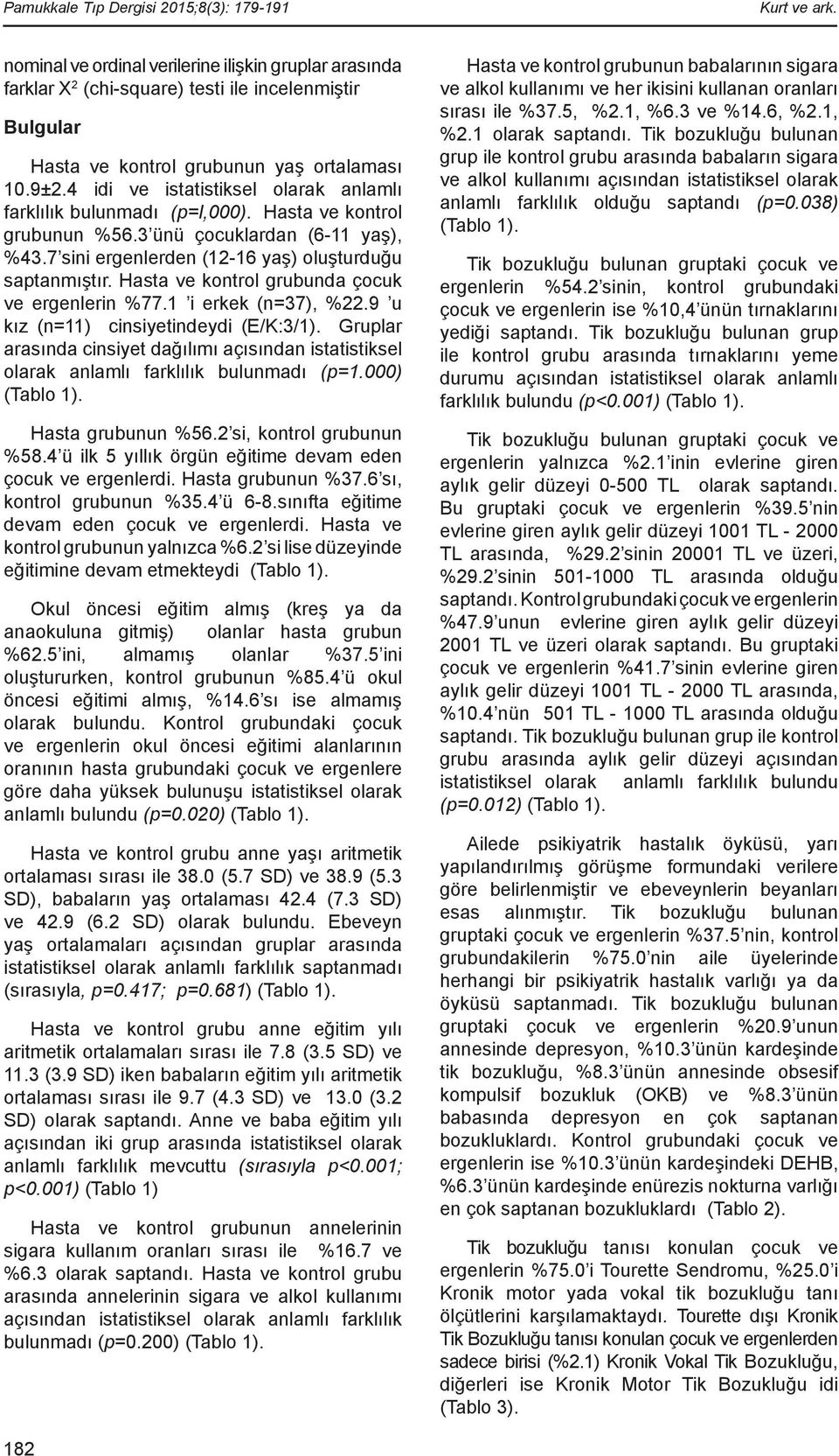 4 idi ve istatistiksel olarak anlamlı farklılık bulunmadı (p=l,000). Hasta ve kontrol grubunun %56.3 ünü çocuklardan (6-11 yaş), %43.7 sini ergenlerden (12-16 yaş) oluşturduğu saptanmıştır.