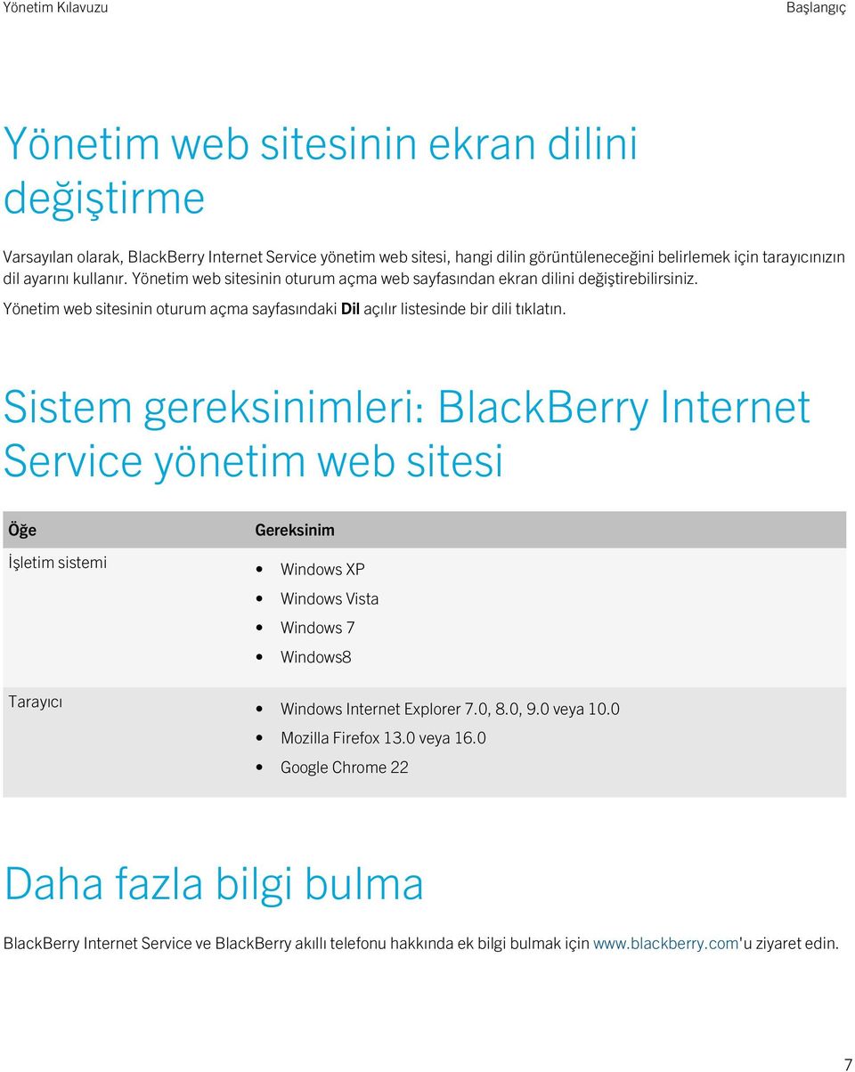 Sistem gereksinimleri: BlackBerry Internet Service yönetim web sitesi Öğe İşletim sistemi Tarayıcı Gereksinim Windows XP Windows Vista Windows 7 Windows8 Windows Internet Explorer 7.0, 8.0, 9.