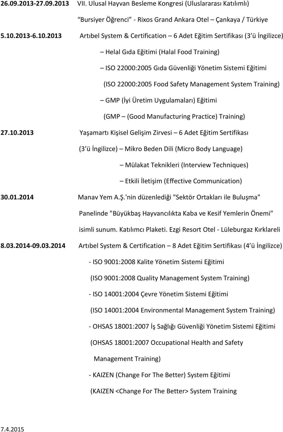 2013 Artıbel System & Certification 6 Adet Eğitim Sertifikası (3 ü İngilizce) Helal Gıda Eğitimi (Halal Food Training) ISO 22000:2005 Gıda Güvenliği Yönetim Sistemi Eğitimi (ISO 22000:2005 Food