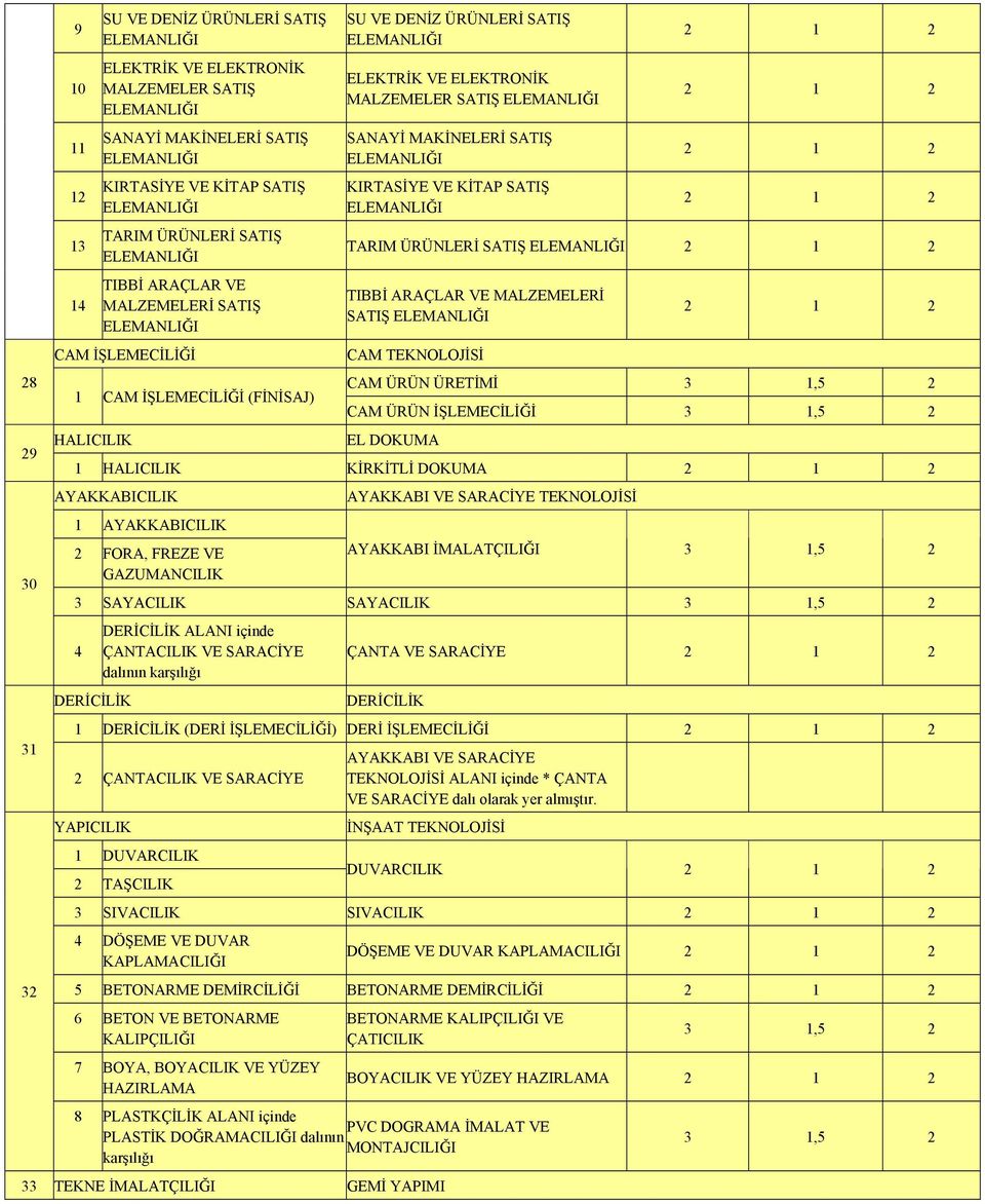 TIBBİ ARAÇLAR VE MALZEMELERİ SATIŞ CAM TEKNOLOJİSİ CAM ÜRÜN ÜRETİMİ CAM ÜRÜN İŞLEMECİLİĞİ EL DOKUMA 1 HALICILIK KİRKİTLİ DOKUMA AYAKKABICILIK 1 AYAKKABICILIK 2 FORA, FREZE VE GAZUMANCILIK AYAKKABI VE