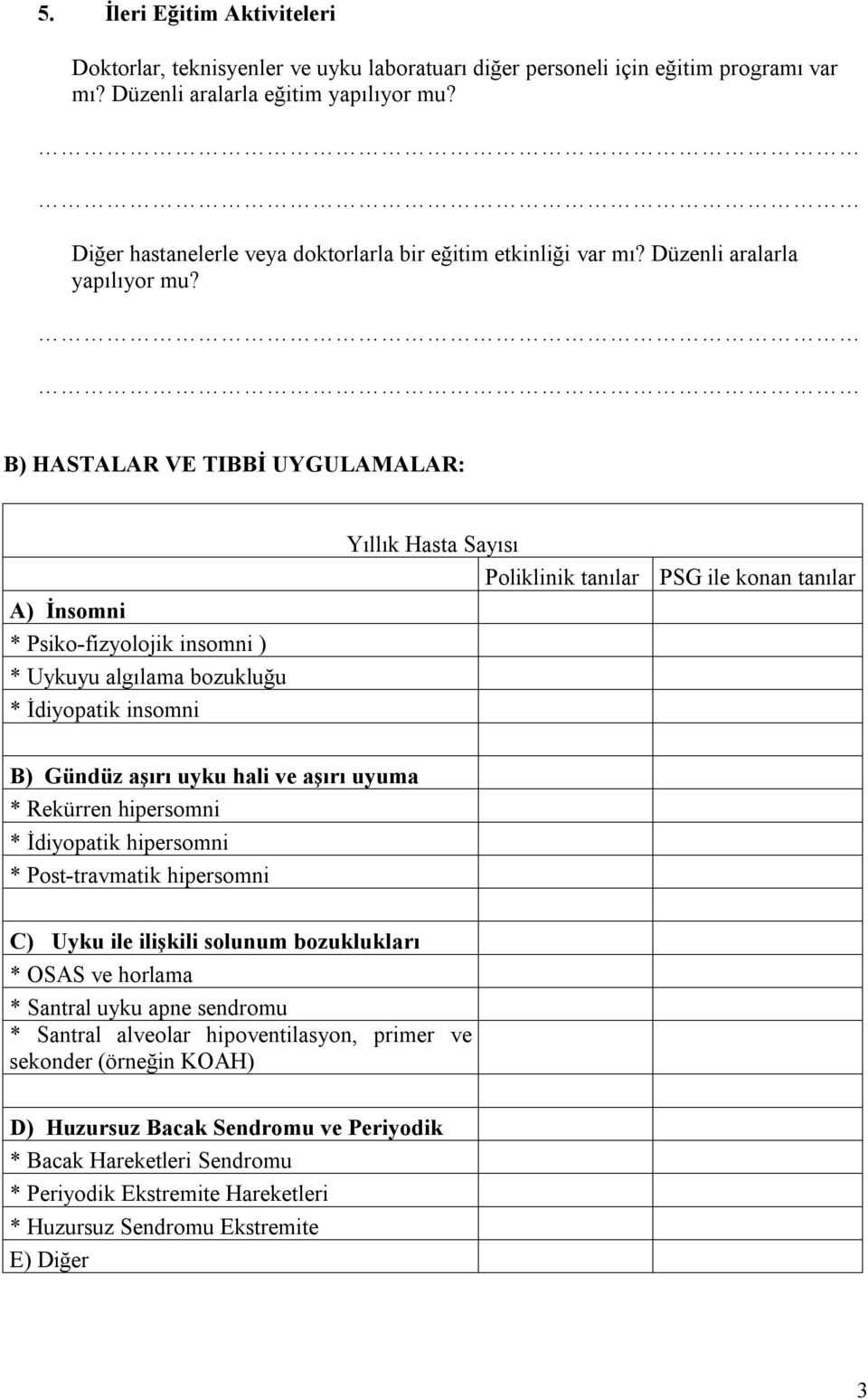 B) HASTALAR VE TIBBİ UYGULAMALAR: A) İnsomni * Psiko-fizyolojik insomni ) * Uykuyu algılama bozukluğu * İdiyopatik insomni Yıllık Hasta Sayısı Poliklinik tanılar PSG ile konan tanılar B) Gündüz aşırı