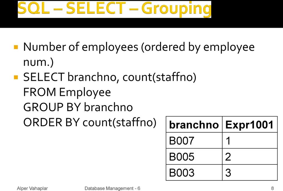Employee GROUP BY branchno ORDER BY