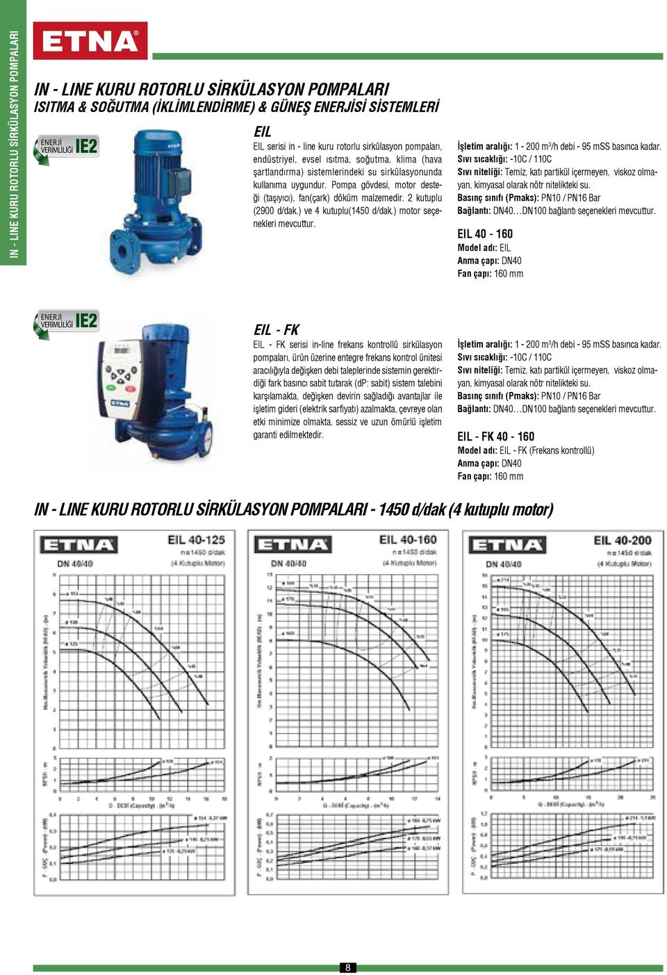 Pompa gövdesi, motor desteği (taşıyıcı), fan(çark) döküm malzemedir. kutuplu (9 d/dak.) ve kutuplu(15 d/dak.) motor seçenekleri mevcuttur. İşletim aralığı: 1 - m 3 /h debi - 95 mss basınca kadar.