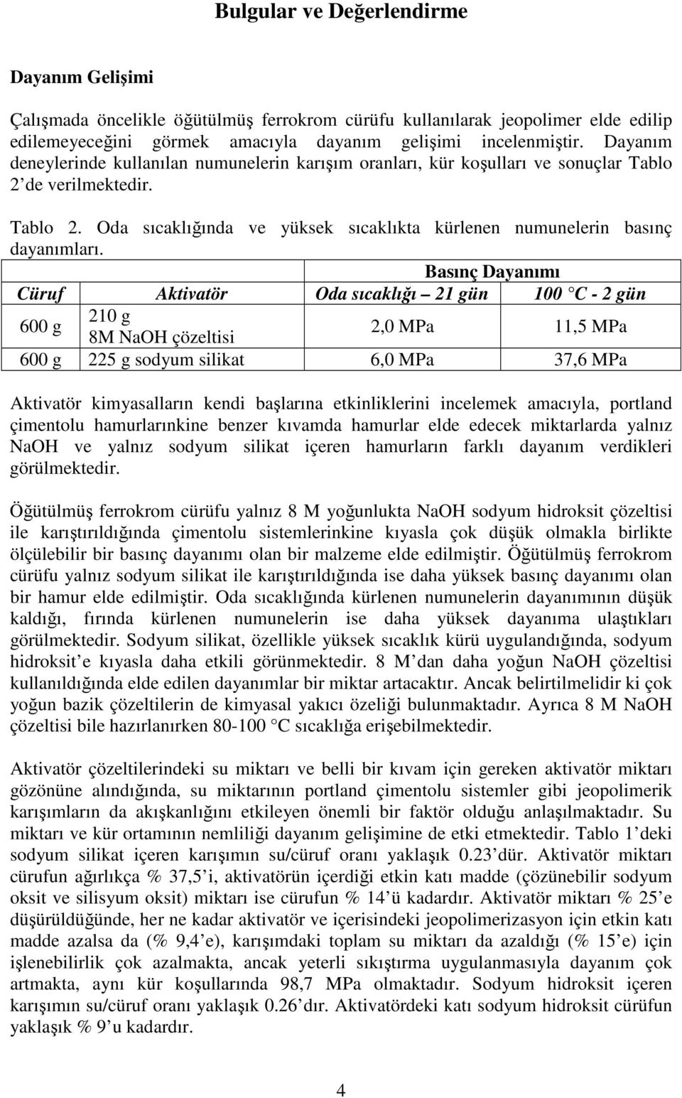 Basınç Dayanımı Cüruf Aktivatör Oda sıcaklığı 21 gün 100 C - 2 gün 600 g 210 g 8M NaOH çözeltisi 2,0 MPa 11,5 MPa 600 g 225 g sodyum silikat 6,0 MPa 37,6 MPa Aktivatör kimyasalların kendi başlarına