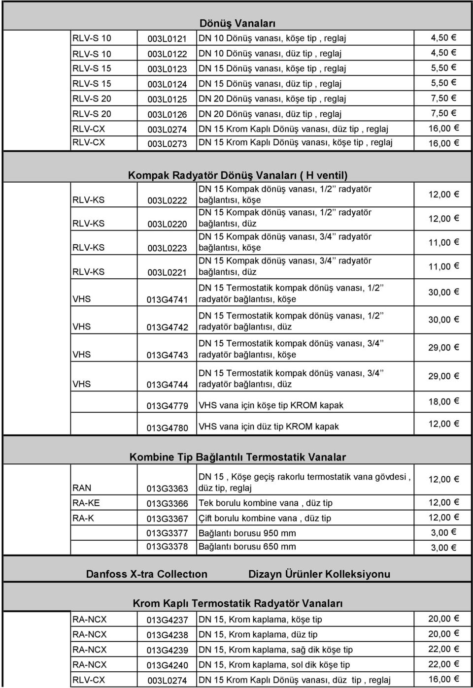 Kaplı Dönüş vanası, düz tip, reglaj 16,00 RLV-CX 003L0273 DN 15 Krom Kaplı Dönüş vanası, köşe tip, reglaj 16,00 RLV-KS RLV-KS RLV-KS RLV-KS VHS VHS VHS Kompak Radyatör Dönüş Vanaları ( H ventil) DN