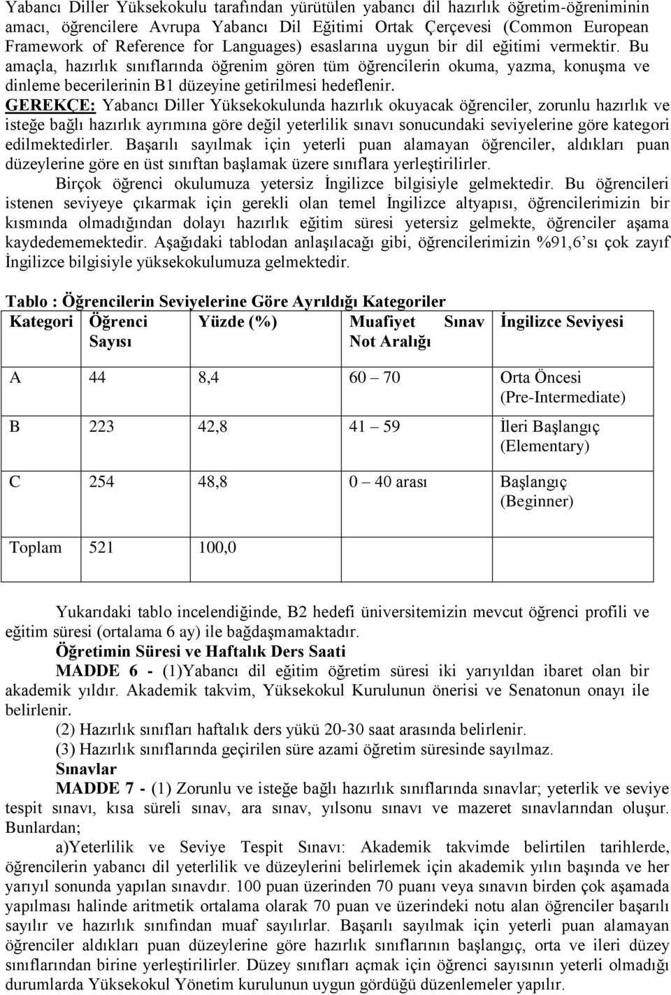 Bu amaçla, hazırlık sınıflarında öğrenim gören tüm öğrencilerin okuma, yazma, konuşma ve dinleme becerilerinin B1 düzeyine getirilmesi hedeflenir.