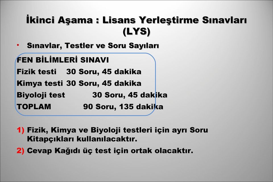 test TOPLAM 30 Soru, 45 dakika 90 Soru, 135 dakika 1) Fizik, Kimya ve Biyoloji testleri