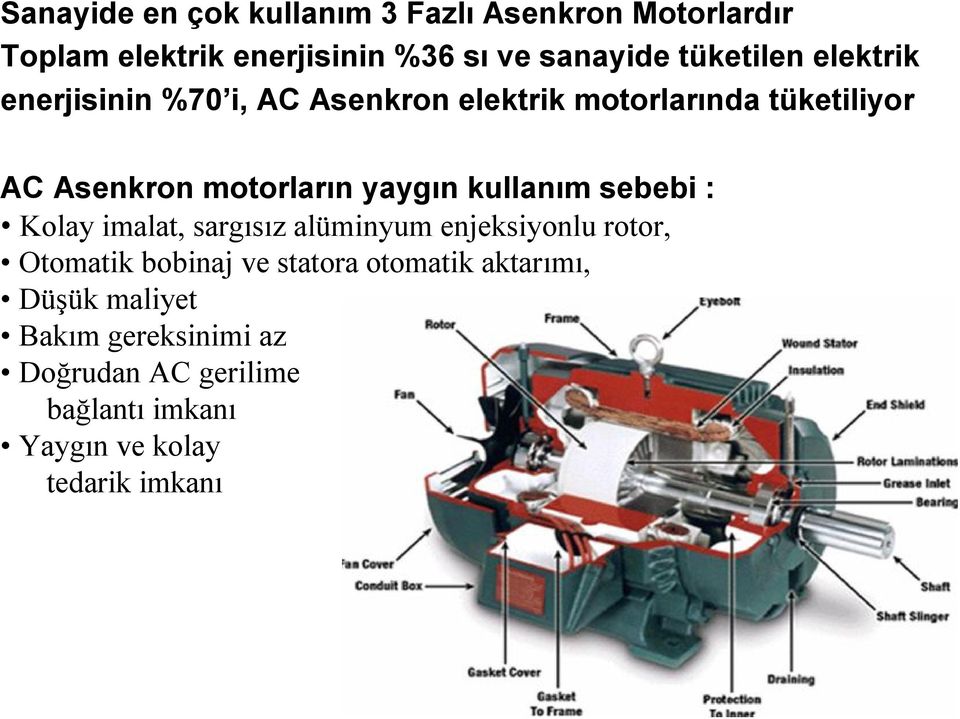 yaygın kullanım sebebi : Kolay imalat, sargısız alüminyum enjeksiyonlu rotor, Otomatik bobinaj ve statora