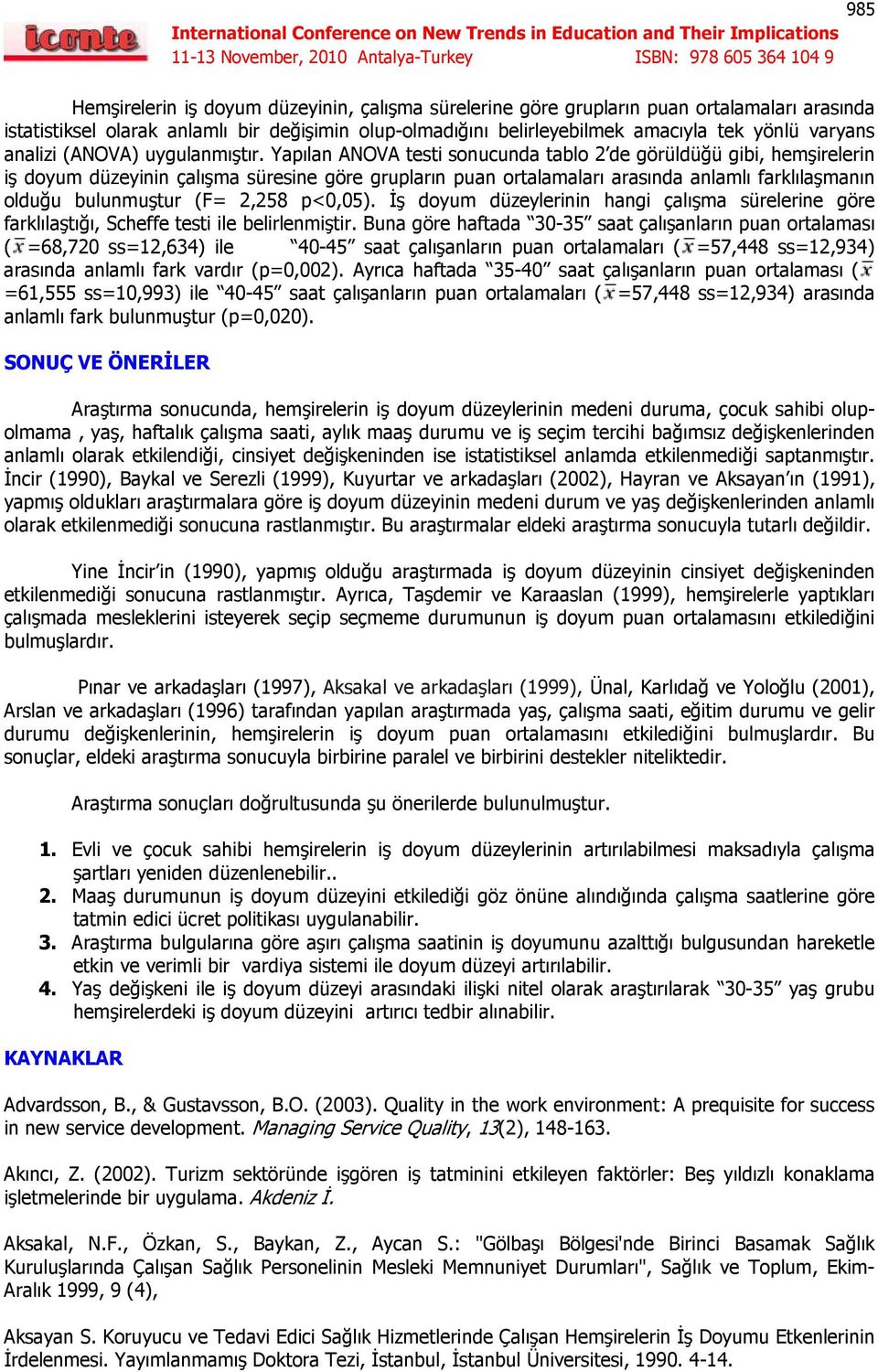 Yapılan ANOVA testi sonucunda tablo 2 de görüldüğü gibi, hemşirelerin iş doyum düzeyinin çalışma süresine göre grupların puan ortalamaları arasında anlamlı farklılaşmanın olduğu bulunmuştur (F= 2,258