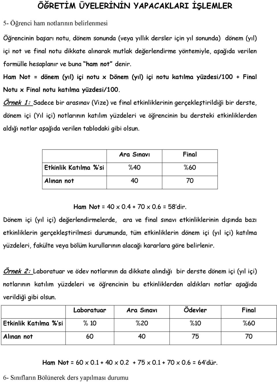 Ham Not = dönem (yıl) içi notu x Dönem (yıl) içi notu katılma yüzdesi/100 + Final Notu x Final notu katılma yüzdesi/100.