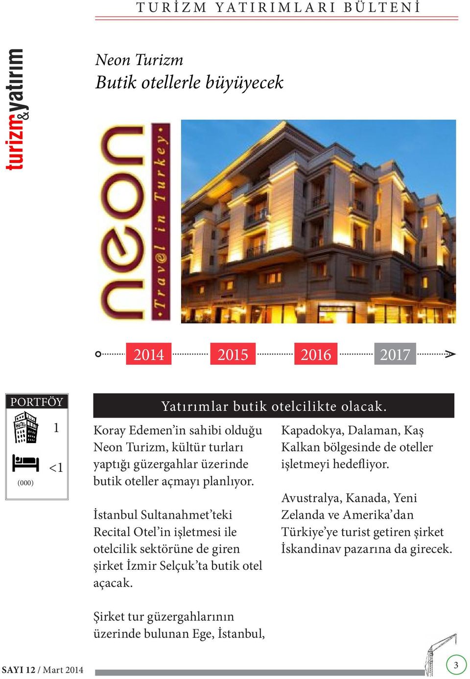 İstanbul Sultanahmet teki Recital Otel in işletmesi ile otelcilik sektörüne de giren şirket İzmir Selçuk ta butik otel açacak.