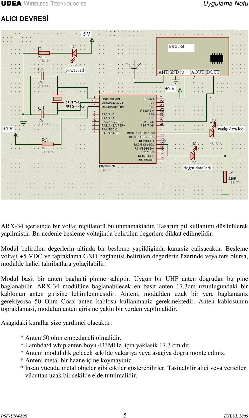 Besleme voltaji +5 VDC ve tapraklama GND baglantisi belirtilen degerlerin üzerinde veya ters olursa, modülde kalici tahribatlara yolaçilabilir. Modül basit bir anten baglanti pinine sahiptir.