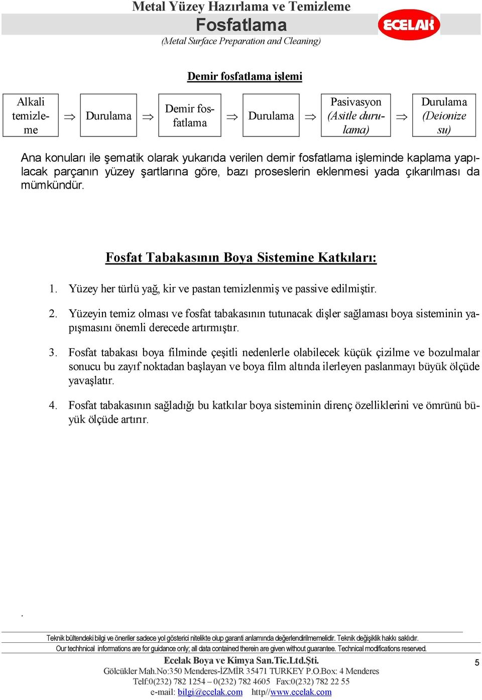 Yüzey her türlü yağ, kir ve pastan temizlenmiş ve passive edilmiştir. 2. Yüzeyin temiz olması ve fosfat tabakasının tutunacak dişler sağlaması boya sisteminin yapışmasını önemli derecede artırmıştır.