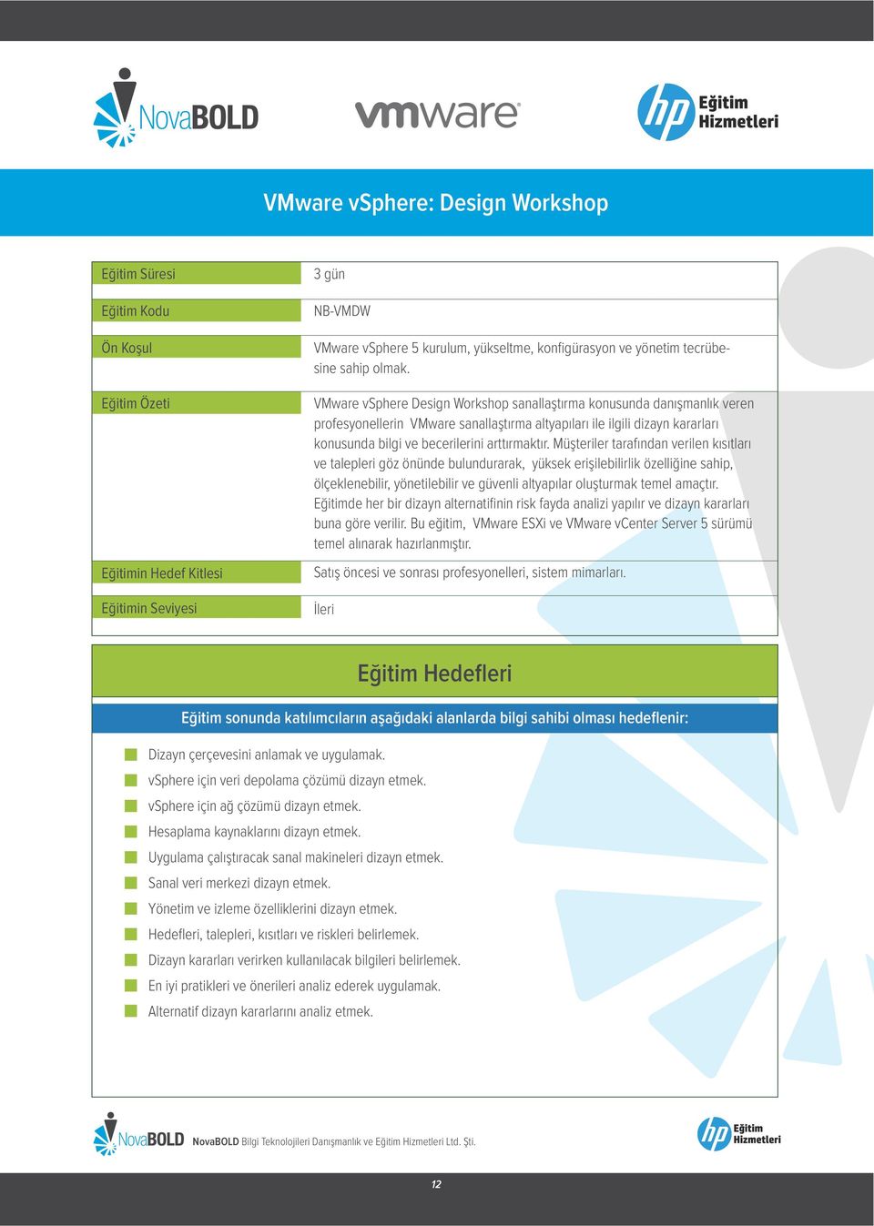 VMware vsphere Design Workshop sanallaştırma konusunda danışmanlık veren profesyonellerin VMware sanallaştırma altyapıları ile ilgili dizayn kararları konusunda bilgi ve becerilerini arttırmaktır.