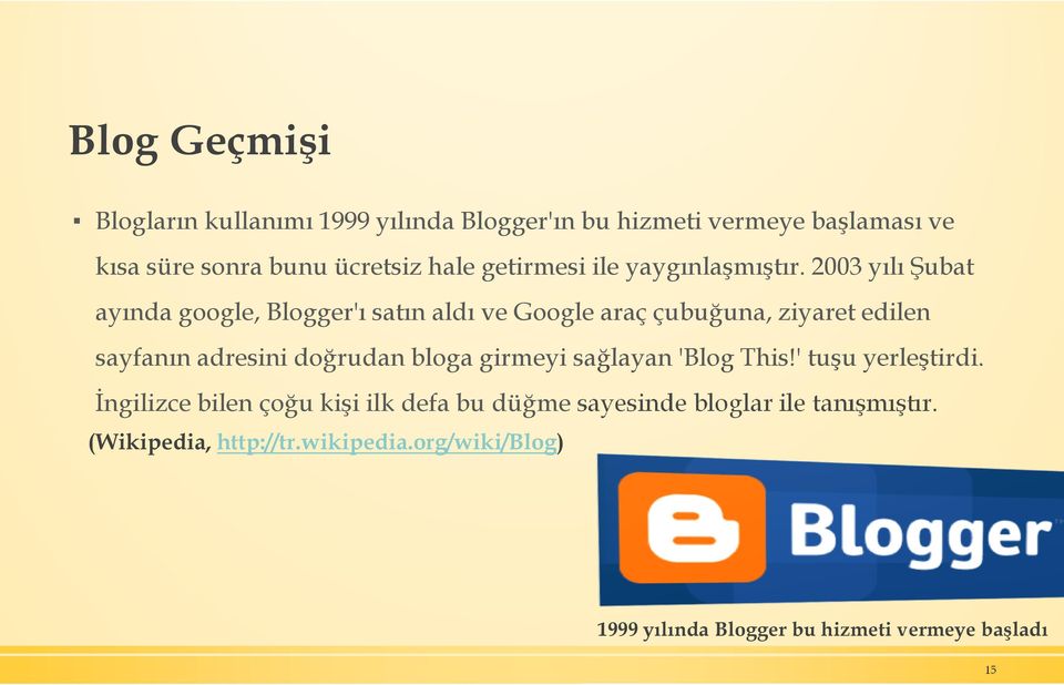 2003yılı Şubat ayındagoogle, Blogger'ısatın aldı ve Google araç çubuğuna, ziyaret edilen sayfanın adresini doğrudan