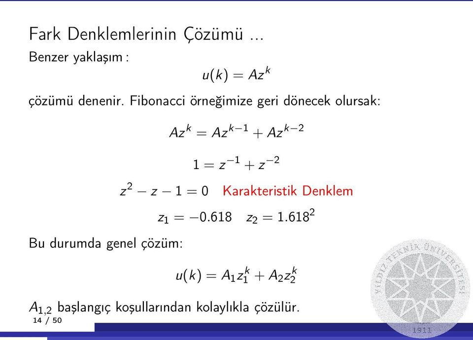 2 z 2 z 1 = 0 Karakteristik Denklem z1 = 0.618 z2 = 1.