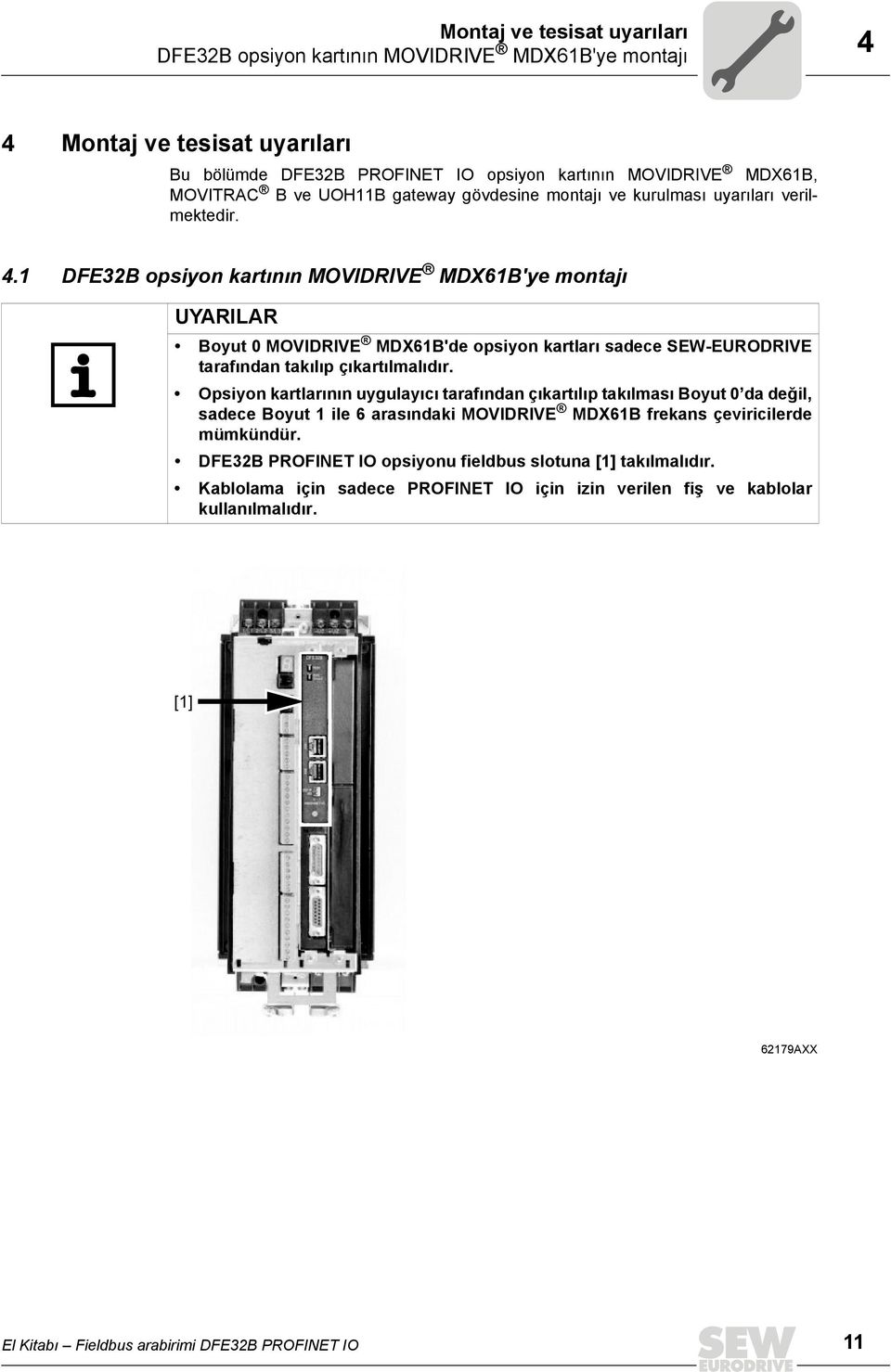 1 DFE32B opsiyon kartının MOVIDRIVE MDX61B'ye montajı UYARILAR Boyut 0 MOVIDRIVE MDX61B'de opsiyon kartları sadece SEW-EURODRIVE tarafından takılıp çıkartılmalıdır.