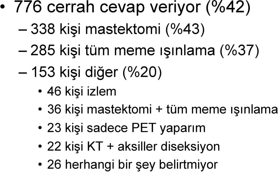 36 kişi mastektomi + tüm meme ışınlama 23 kişi sadece PET