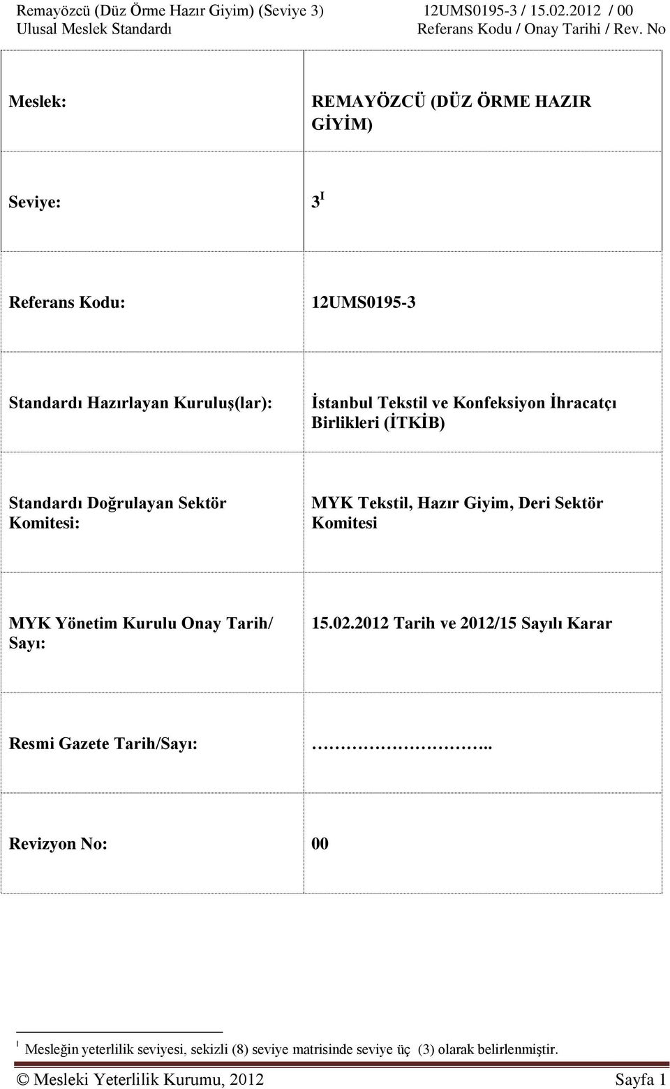 Komitesi MYK Yönetim Kurulu Onay Tarih/ Sayı: 15.02.2012 Tarih ve 2012/15 Sayılı Karar Resmi Gazete Tarih/Sayı:.