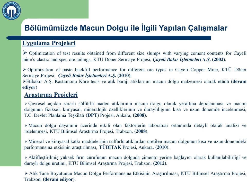 Optimization of paste backfill performance for different ore types in Cayeli Copper Mine, KTÜ Döner Sermaye Projesi, Çayeli Bakır İşletmeleri A.Ş.