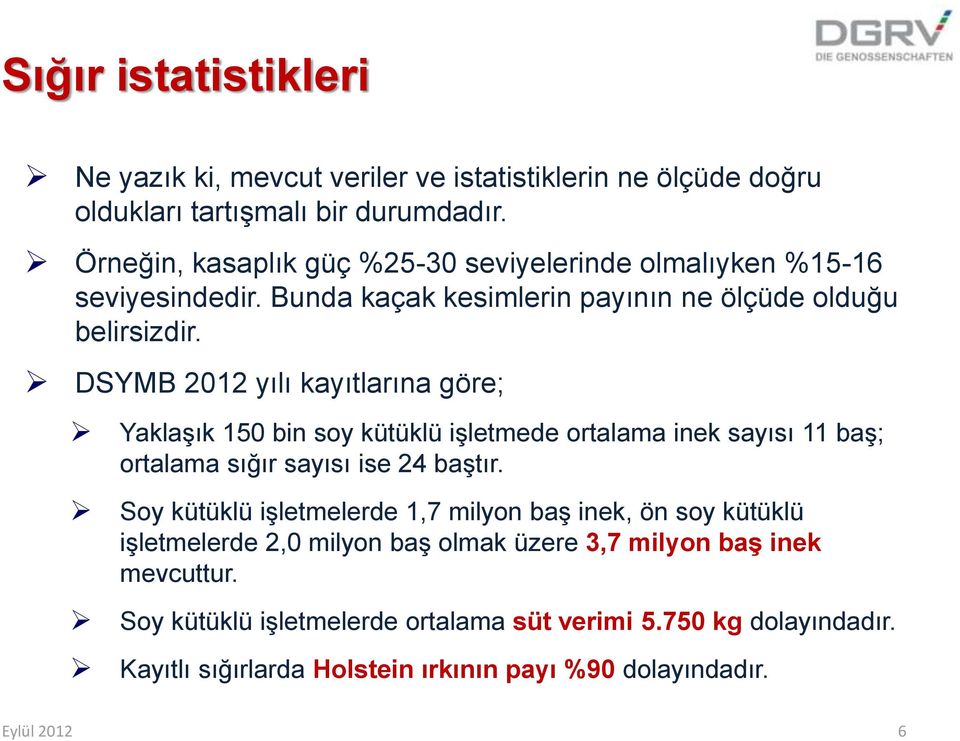 DSYMB 2012 yılı kayıtlarına göre; Yaklaşık 150 bin soy kütüklü işletmede ortalama inek sayısı 11 baş; ortalama sığır sayısı ise 24 baştır.