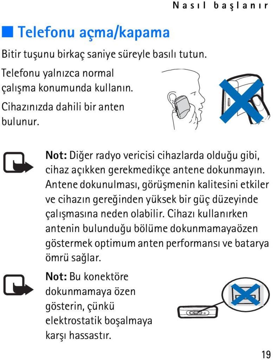 Antene dokunulmasý, görüþmenin kalitesini etkiler ve cihazýn gereðinden yüksek bir güç düzeyinde çalýþmasýna neden olabilir.